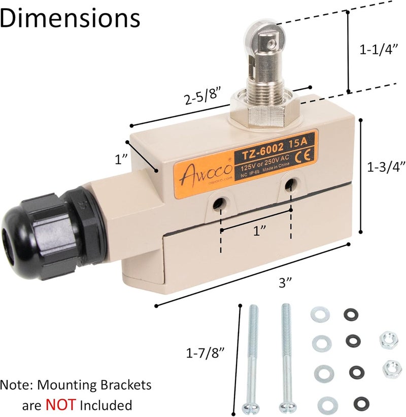 Awoco Heavy Duty Commercial Door Micro Switch with Parallel Roller Plunger for Sliding Doors/Windows for Air Curtains, 250V 15A IP 65 Limit Switch Type NO and Type NC (TZ-6002-15A) - Image 3